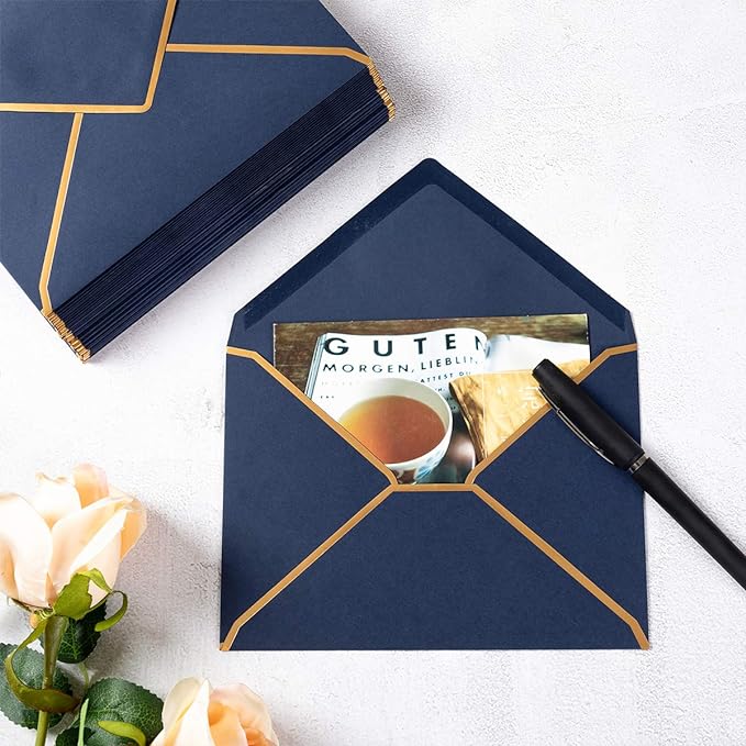 100 Pack Navy Blue A7 Envelopes 5 x 7 Card Envelopes V Flap with Gold Border for Office, Wedding Gift Cards, Invitations, Graduation, Baby Shower, Parties (5.32 x 7.28 Inches, Navy Blue)
