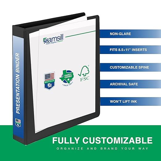 Samsill 1 Inch 3 Ring Binder, Made in USA, Economy Round Ring, Clear View Cover, 200 Sheet Capacity - for School, Home, Office - Black