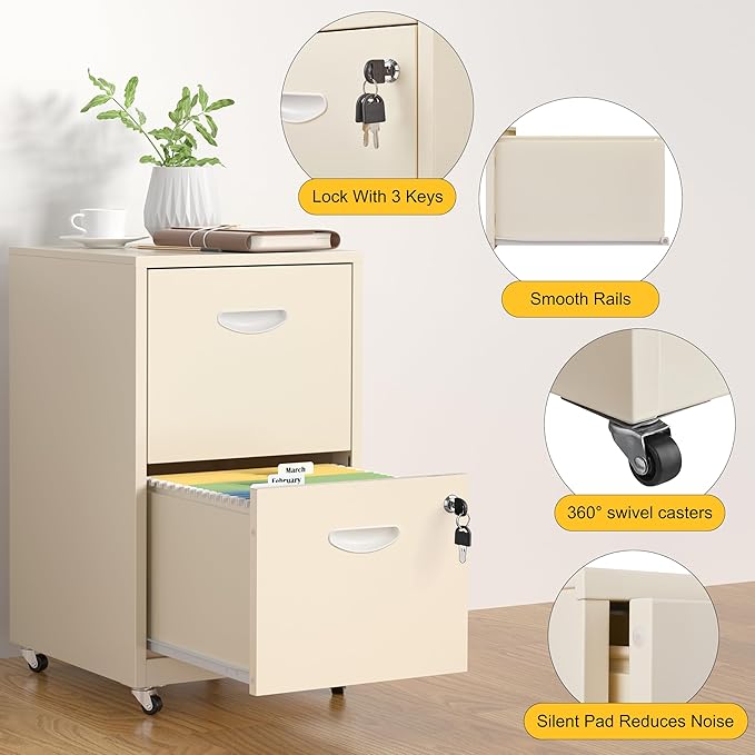 2 Drawer File Cabinet with Lock，Cream Rolling File Cabinet for Home Office, Metal Small Mobile Filing Cabinets on Wheels for Hanging Letter