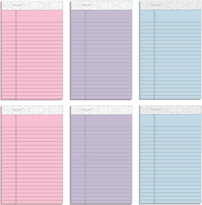 TOPS 5 x 8 Legal Pads, 6 Pack, Prism Brand, 2 Pink/2 Blue/2 Purple, Narrow Ruled, 50 Sheets Per Writing Pad, Made in USA (63016)