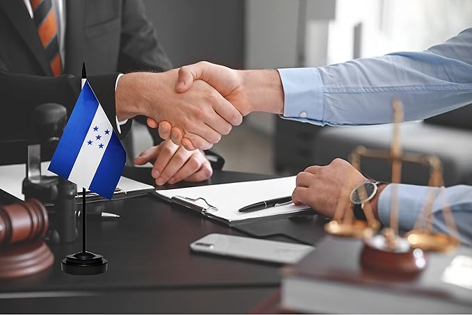 Honduras Honduran Deluxe Desk Flag Set Small Mini Miniature Honduras Honduran Table Desktop Flags With Solid Pole, Black Base and Spear Top (2 Pack)