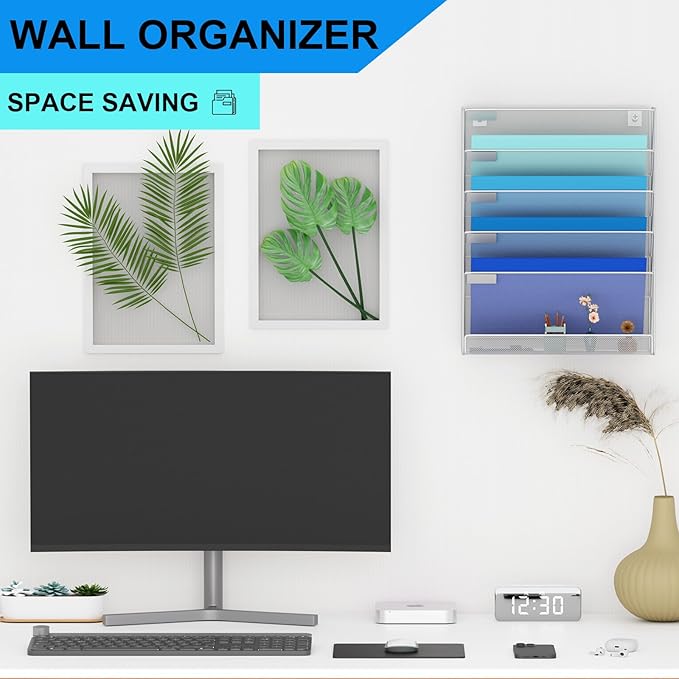 Wall File Organizer Holder Mesh Hanging Paper Document Holder, Vertical 6 Pocket Tier for Office Home, Silver