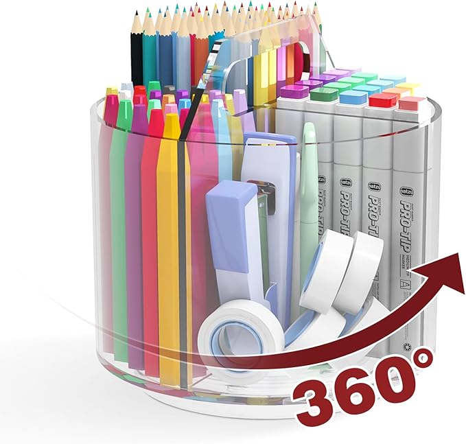 Absonic Pencil Holder for Kids, 360 Rotating Pen Holder for Desk Organizer and Storage, 4 Compartments Art Supply Marker Organizer, Acrylic Kids Desk Organizer for School Lazy Susan Organizer