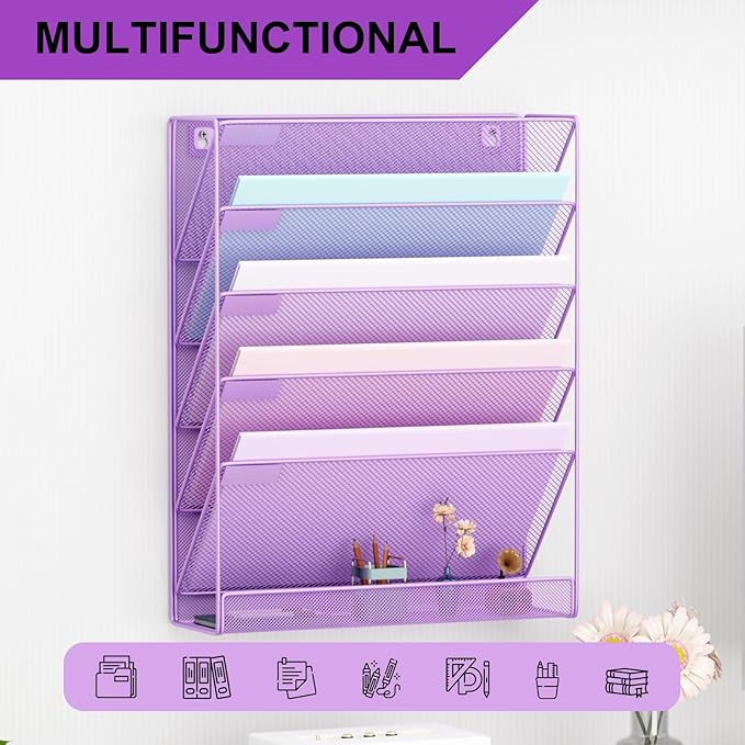 Wall File Organizer Holder Mesh Hanging Paper Document Holder, Vertical 6 Pocket Tier for Office Home, Light Purple