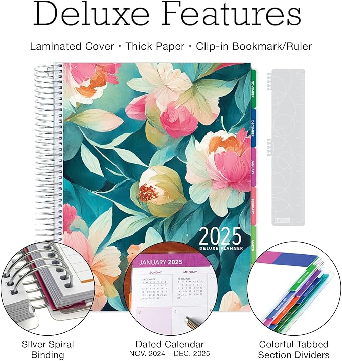 Deluxe 2025 Planner, 8.5"x11": 14 Months (November 2024 - December 2025), Includes Page Tabs, Bookmark, Planning Stickers, Pocket Folder Daily Weekly Monthly Planner Yearly Agenda (Teal Floral)