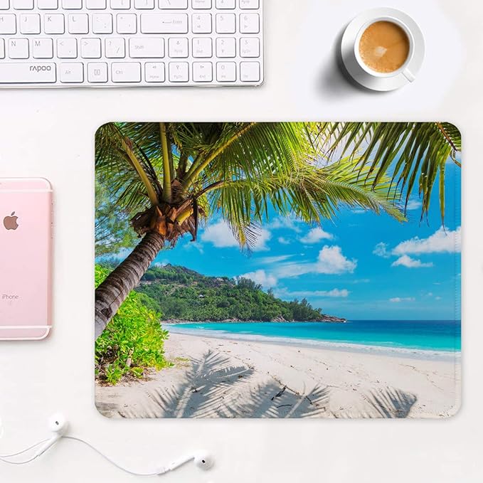 Auhoahsil Mouse Pad, 12 x 10 in Summer Beach Theme Computer Mouse Pad for Desk, Premium-Textured Non-Slip Rubber Stitched Edges Waterproof Square Mouse Mat for Gaming Work Wireless Mice, Blue