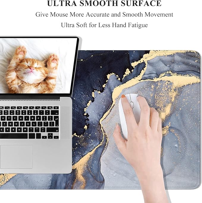 Desk Mat, 32" x 12" XXL Extended Large Gaming Mouse Pad, Desktop Decor Desk Pad, Cute Men Women Office Supplies and Accessories, XL Mouse Mat for Laptop & Keyboard, Blue Gray Gold Marble