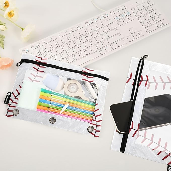 ALAZA Pencil Pouch for 3 Ring Binder, Baseball Themed Red Lace Binder Pencil Pouches with Clear Window Zipper Pencil Case Cosmetic Bags for Office College Supplies, 2PCS