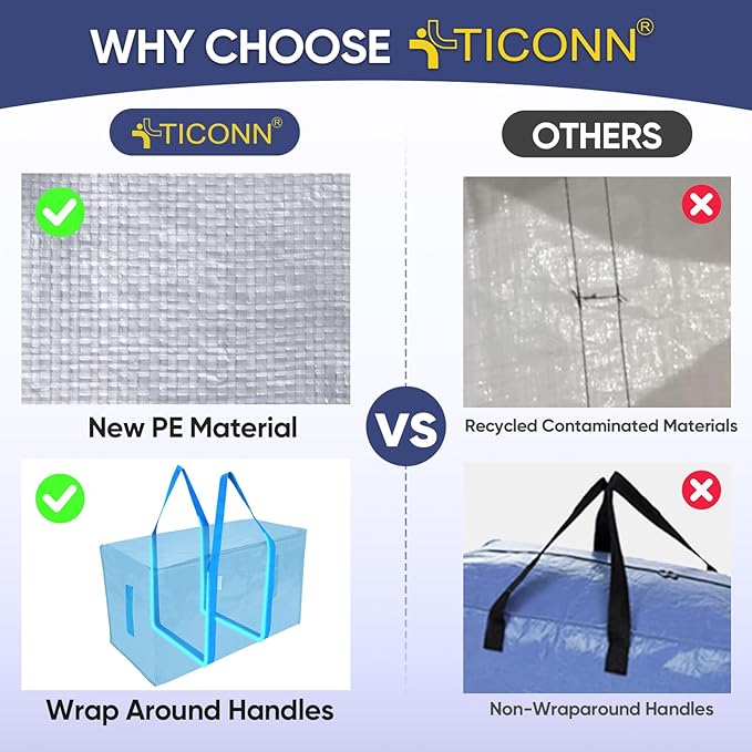 TICONN 6 Pack Extra Large Moving Bags with Zippers & Carrying Handles, Heavy-Duty Storage Tote Moving Boxes for Space Saving (6 Pack, Sky Blue)