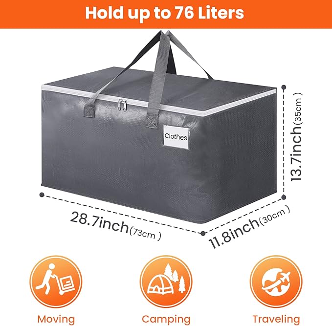 BlissTotes Large Moving Boxes and with Zippers & Handles Moving Supplies with lids, Heavy Duty Totes for Storage Bags for Space Saving, Fold Flat, Moving and Storing 76L, 2 Pack