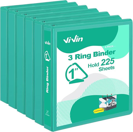 ViVin Sturdy 1 Inch D Ring Binders, 3 Ring Binders with 2 Pockets, Hold 225 Sheets of US Letter Size Paper for Office,Home,School, 6 Pack (Lake Green)