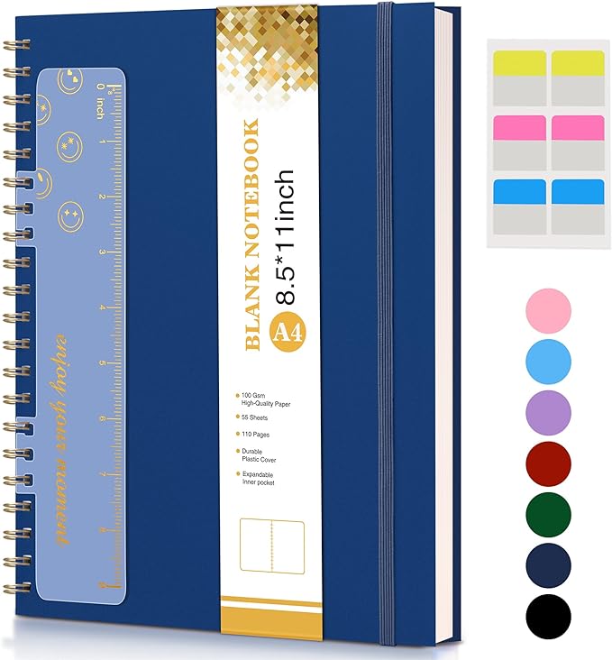 Blank Spiral Notebook Journal 8.5” x 11”, A4 Large Sketch Book for Women Men, 100 GSM Blank Paper Drawing Notebook, Plastic Hardcover Spiral Bound Sketchbook for Sketching Work School Writing, Navy