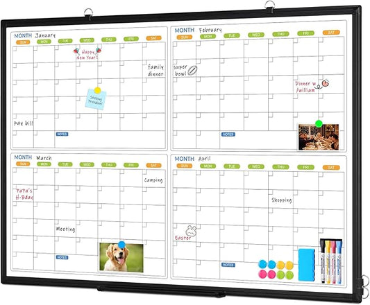 Dry Erase Calendar For Wall 4 Month, WALGLASS 36" x 24" Large Double-sided White Board Calendar, Dry Erase Monthly Planner Board, Black Aluminum Frame Hanging Wall Mounted Board for Office Home School