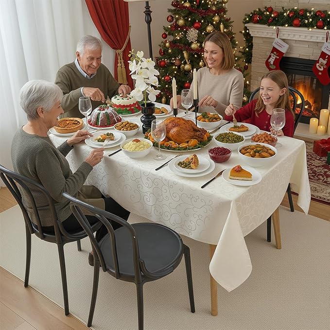 Romanvicky Christmas Jacquard Tablecloth White Floral Pattern Rectangle Table Cloth Spill Proof Wrinkle Resistant Polyester Table Cover for Dining, Party, Thanksgiving Decoration, 60 x 84 Inch