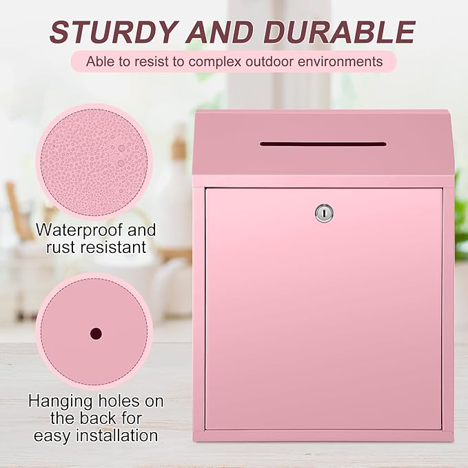 Metal Donation Cash Box Collection Safe Suggestion Box with Lock Wall Mounted Mailbox Delivery Ballot Container for Home Office Outdoor Door(Pink,15 x 12 x 4 Inch)