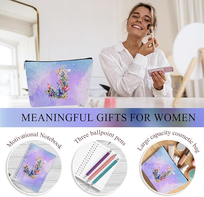 Personalized Gifts Monogrammed Birthday Gifts for Women, Maid of Honor Bachelorette Wedding Christmas Initial 20 oz Tumbler, Makeup Bag Cup Pens Journal Notebook 6 Set, (Aesthetic Purple Flower J)