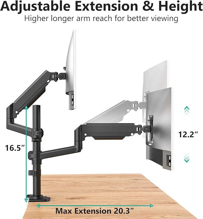WALI Dual Monitor Mount, 13-32 Inch Adjustable Spring Dual Monitor Arm for Desk Holds Max 19.8 lbs Screens, Swivel Vesa Bracket with C Clamp, Grommet Mounting, Monitor Arms for 2 Monitors (GSDM002)