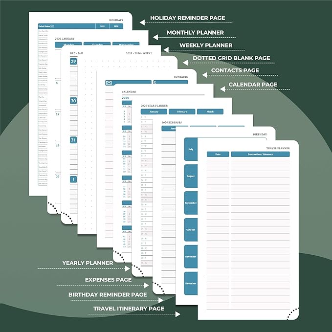 Planner 2026 Daily Weekly and Monthly,6.5"x3.75",12 Months Spiral Bound Calendar Agenda with Self-adhesive Pen Holder,2026 Appointment Book with Vegan Leather Soft Cover,Green