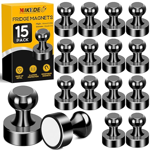MIKEDE Fridge Magnets, 15Pcs Strong Neodymium Push Pins for Whiteboard, Black Refrigerator Magnets for Office, School, Classroom, Kitchen