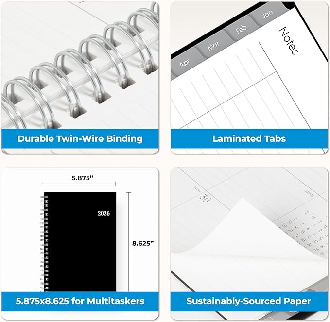 Blue Sky 2026 Weekly and Monthly Planner Calendar Notes, Includes January 2026 - December 2026, 5.875" x 8.625", Flexible Cover, Wirebound, 30 Extra Notes Sheets, Laminated Tabs, Enterprise
