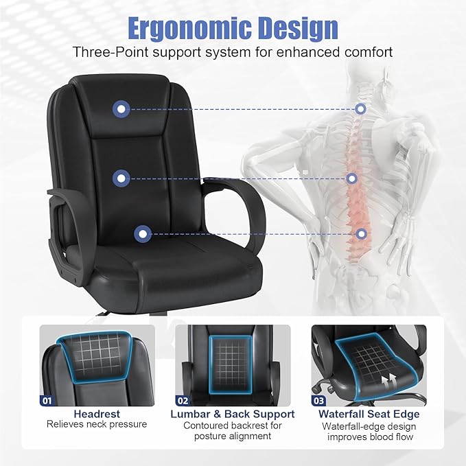 ZZH Executive Office Chair, Leather Desk Computer Chair with Armrests, Mid-Back Swivel Adjustable for Home Office, 8PC, Black