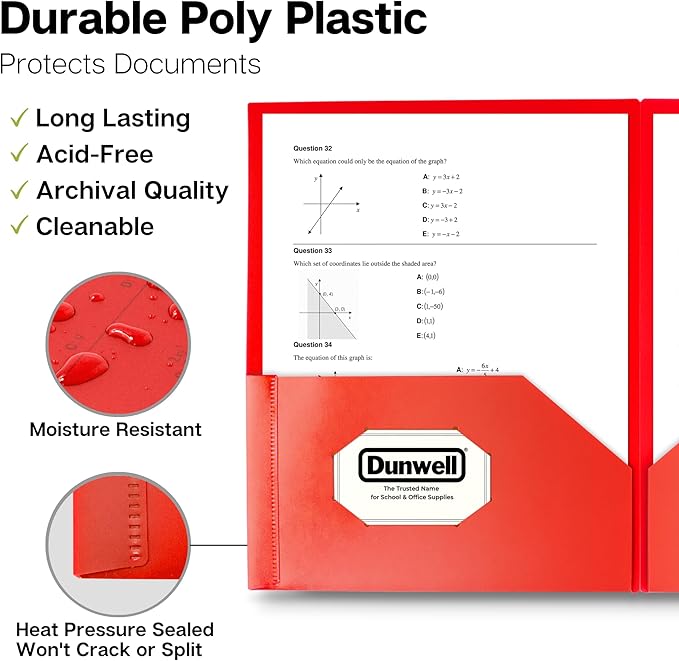 Dunwell Plastic Folders with Pockets (Red, 3 Pack), 2 Pocket Poly Folders for School, Home or Office, Durable Acid-Free Poly, Includes Removable Adhesive Labels