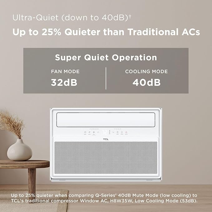 TCL 10,000 BTU Q-Series Smart Inverter Window AC, Ultra-Quiet 32dB Fan & 40dB Cooling, 38% Energy Saving, 3-Step Install, Open-able Window, Works with Smart Home Devices, Cools up to 450 Sq. Ft.