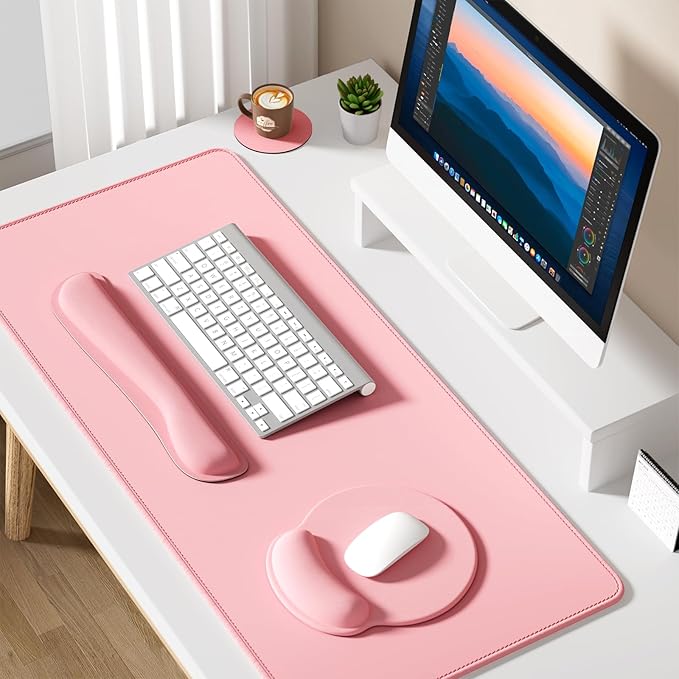 Dapesuom Large Gaming Mouse Pad, Pink Mouse Pads with Wrist Rest Wrist Support, 4in1 Big XXL Desk Mat Desk Pad + Ergonomic Mousepad + Memory Foam Keyboard Mat Wrist Rest + Coaster Set for Computer