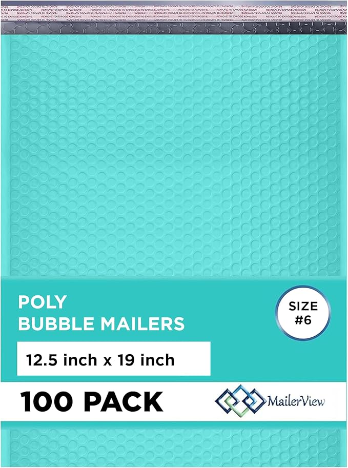 Teal 12.5x19.5 Inch Large Poly Bubble Mailers #6 | Padded Envelopes with Self Seal | Air Lined Cushioned Bubble Mailer | Usable Size 12.5x15 | 100 Pack Bulk | Lightweight shipping Bags