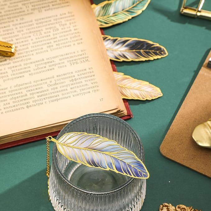 4 Pieces Metal Feather Bookmarks with Chain, Birthday Gifts Book Mark Bookmarks for Book Lovers Writers Readers Children Teens Men Women Adults Teacher