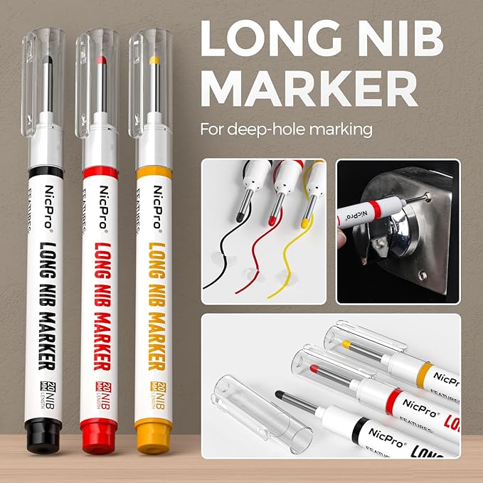 Nicpro 6 Pack CP1000 Carpenter Pencils with Sharpener, Mechanical Pencil Set with 66 Refills, Deep Hole Long Nib Marker Pens, Heavy Duty Woodworking Tools Construction Pencil for Architect Marking