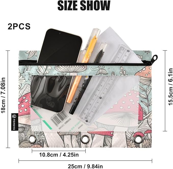 ZAZYXTJ Personalized Mushrooms Binder Pencil Pouchs 3 Ring with Zipper Clear Window Office Organizers bag for School Students Teacher Supplies 2 Pack