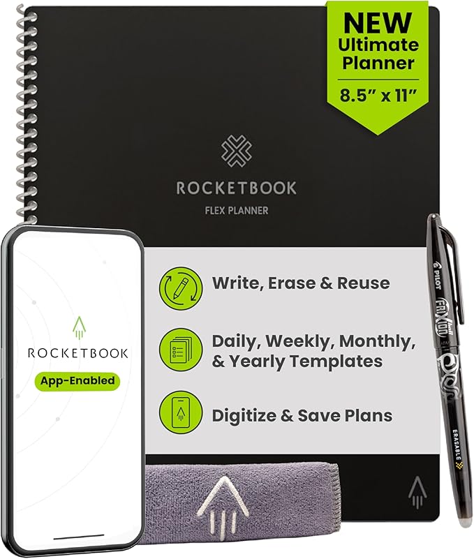 Rocketbook Flex Reusable Planner, Smart Undated, Daily, Weekly, Monthly, Annual Calendar Templates, Letter Size 8.5x11, Black (Pack of 1)