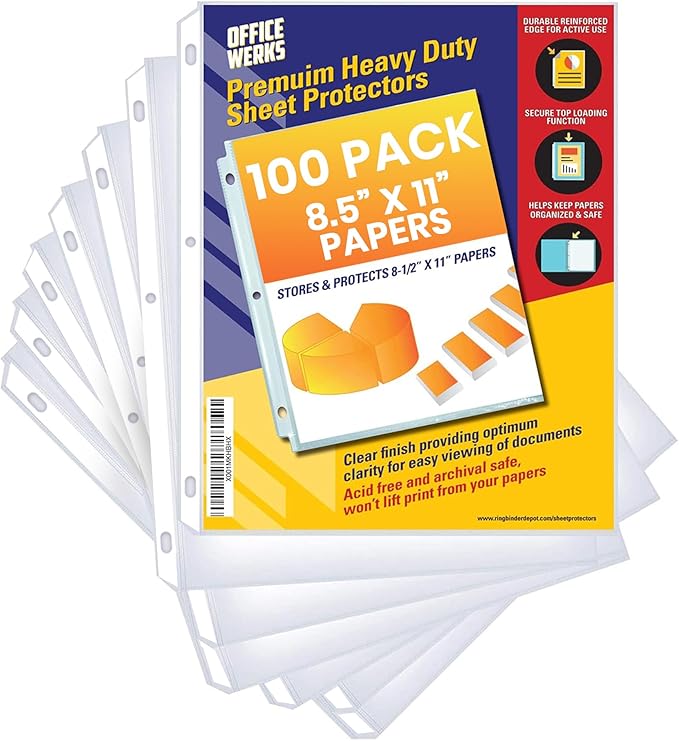 Office Werks 100 Sheet Protectors, Heavy Duty 8.5 X 11 Inch Clear Page for 3 Ring Binder, Plastic Sheet Sleeves, Durable Top Loading Paper Protector with Reinforced Holes Archival Safe