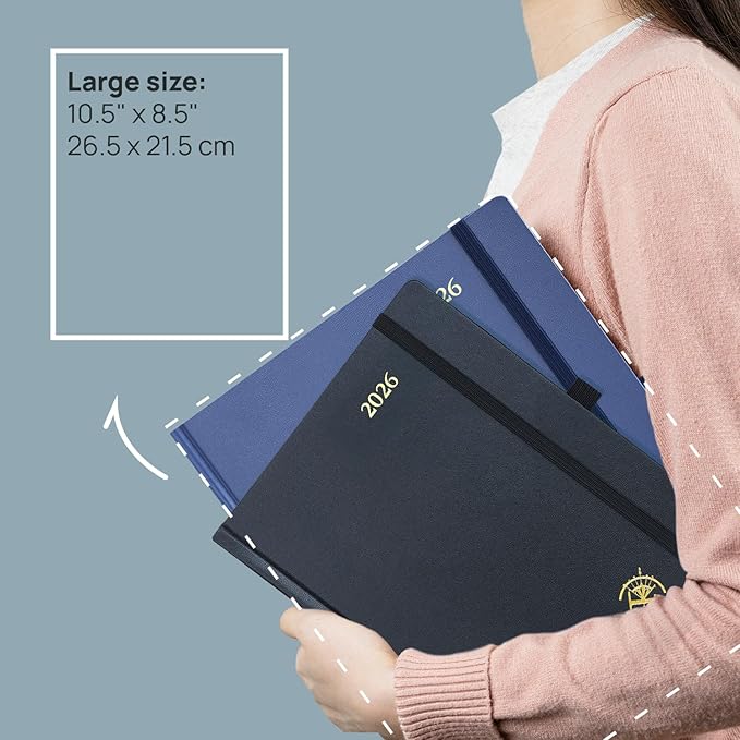 POPRUN 2026 Planner (Large Size 8.5''x 10.5'' Hardcover) - Daily Weekly and Monthly Calendar Agenda 2026 Appointment Book with Hourly Time Slots, Monthly Tabs, 100 GSM - Pacific Green