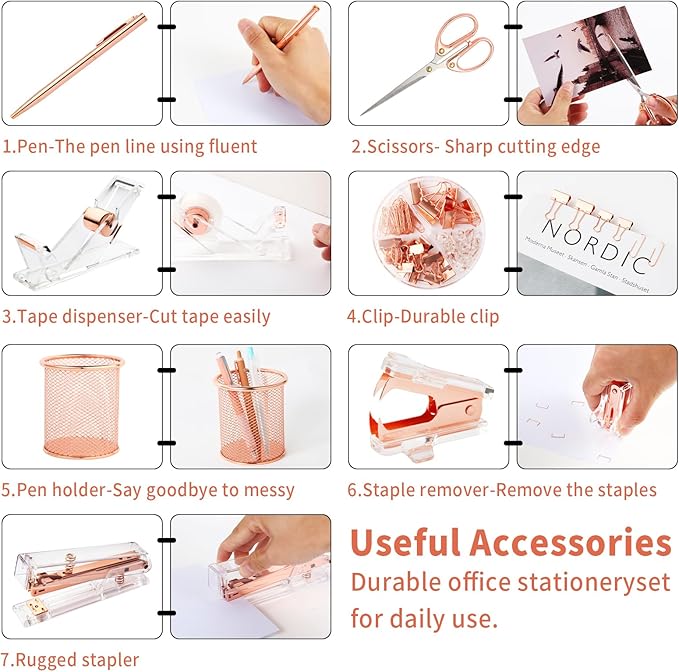 Rose Gold Desk Accessories, Office Supplies Set with Acrylic Stapler, Tape Dispenser, Staple Remover, Pen Holder, Scissor, Binder Paper Clips, 1 Ballpoint Pen, 1 Clear Tape and 1000pcs Staples