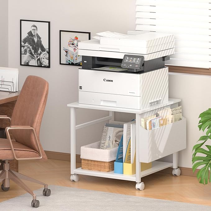 Lerliuo Large Printer Stand with Storage Shelf, 23.6 x 23.6 x 22.8 Industrial Printer Table for Home Office, Rolling Printer Cart Holder with Lockable Wheels, Mobile Mini Fridge Stand Table (White)