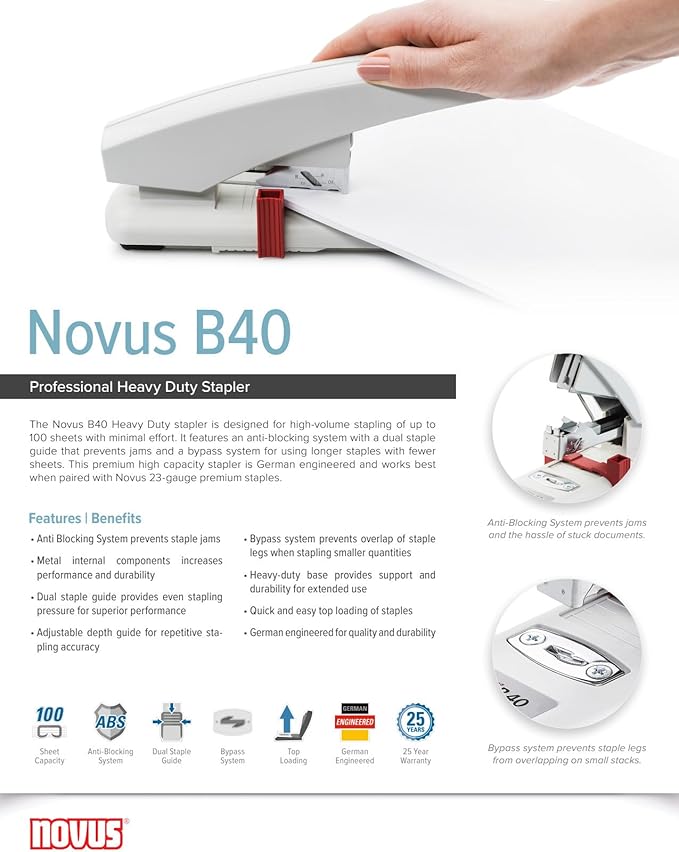 Novus B40 Heavy Duty Stapler, 100 Sheet Capacity, Anti-Jam, 2.25" Stapling Depth w/Adjustable Guide, Staple Bypass, German Engineered (023-0056)