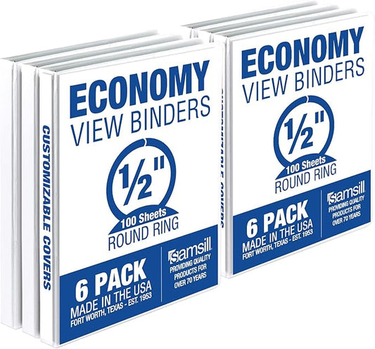 Samsill 0.5 Inch 3 Ring Binder, Made in USA, Economy Round Ring, Clear View Cover, 100 Sheet Capacity - for School, Home, Office - White, 6 Pack