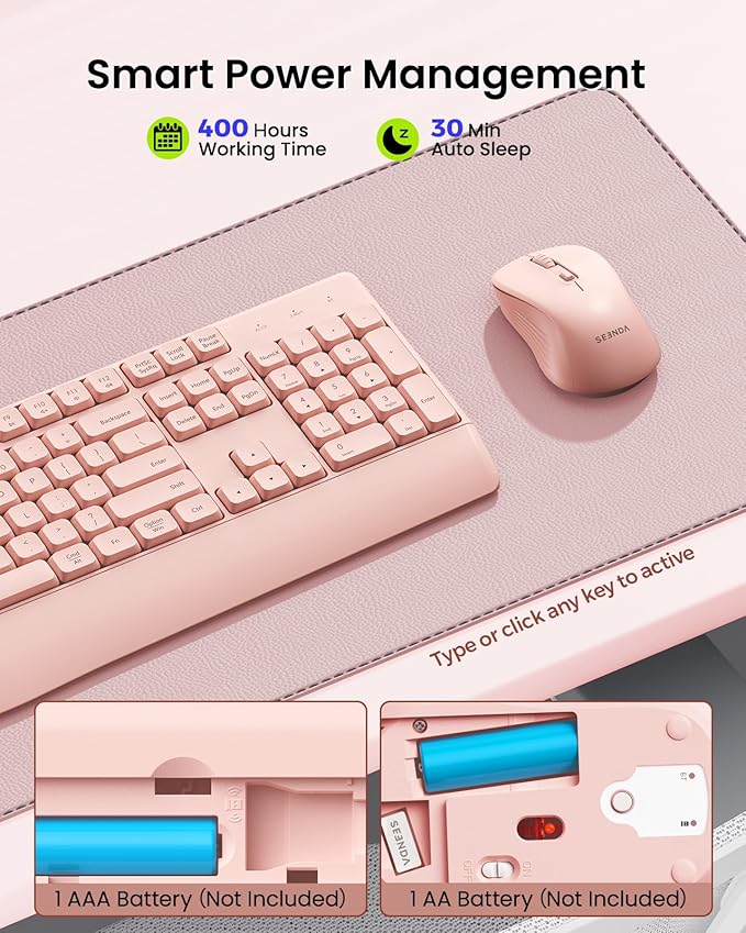 seenda Bluetooth Keyboard and Mouse, COE200 USB + Bluetooth Multi Device, Ergonomic Keyboard Mouse Set, Full-Size Wireless Combo Compatible for Mac OS/Windows PCs Computers Laptops MacBooks - Pink