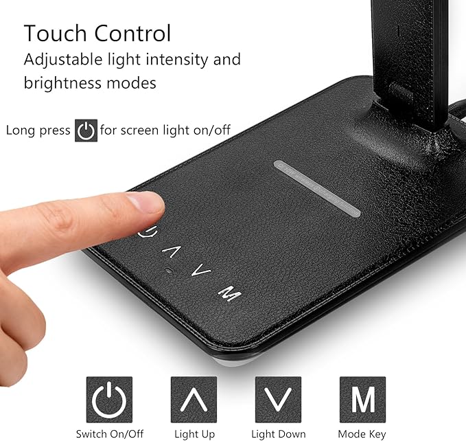 LED Desk Lamp with 10W Wireless Charger & USB Port, Eye-Caring Dimmable Touch Control Lamp with Clock Display, Adjustable Foldable Arm, 5 Brightness & 3 Color Modes for Home Office Study