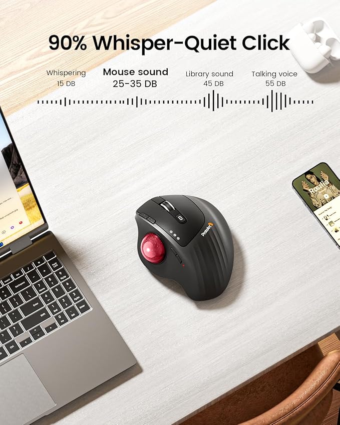 ProtoArc Wireless Trackball Mouse, EM01 NL Ergonomic Bluetooth Rollerball Thumb Rechargeable Computer Laptop Mouse, Adjustable Angle & 3 Device Connection for PC, Mac, Windows-Red Ball