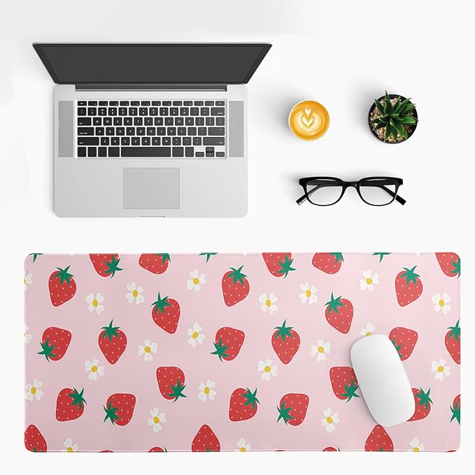 Gaming Mouse Pad Strawberry Desk Mat for Desktop Long Computer Keyboard Desk Pad Mouse Mat with Non-Slip Rubber Base Stitched Edges for Computer Home Office Gaming 31.5×11.8