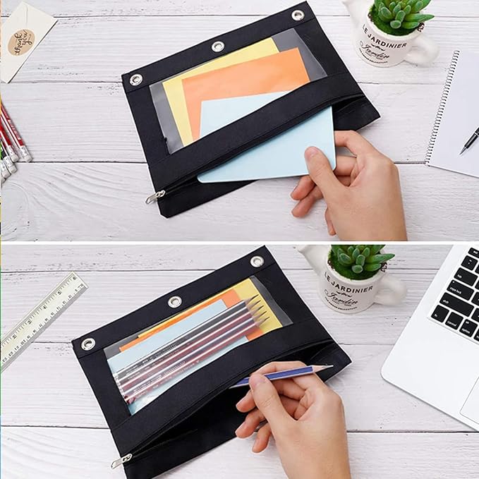Pencil Pouch 3 Ring, Zipper Pencil Pouches Case Binder Cosmetic Bag Black 2 Pack