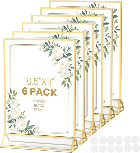 Acrylic Sign Holder 8.5X11 Gold Frames Double-Sided Gold Picture Frames Display Stand for Menu Holder Flyer Holder Wedding Table Number Holder Photo Frames with Double Sided Sticky Dots -6 Pack