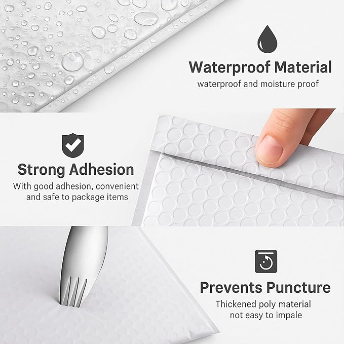 30 Pack 8.5x12" Poly Bubble Mailers, White Self Seal Padded Envelopes, Waterproof Lightweight Mailing Shipping Bags Bulk for Thick Books, Clothes, Holiday Gifts, Business Packaging ﻿