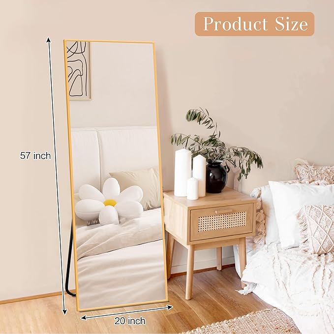 Arched Full Length Mirror, 57" x 20" Floor Mirror with Stand – Shatterproof Tempered Glass, Modern Aluminum Frame, Multi-Mount for Bedroom, Living Room, Gym, Gold