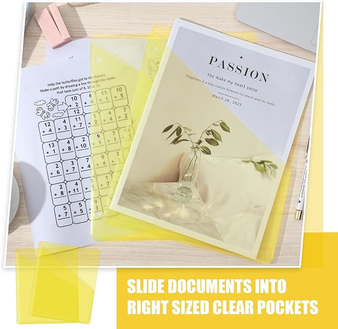 Seajan 48 Pcs Pocket Folders for 3 Ring Binder Clear Plastic Folders Sleeves with 2 Pockets 3 Hole Punch Binder Dividers Poly Slash File Jackets for Office School Document Organizer (Yellow)