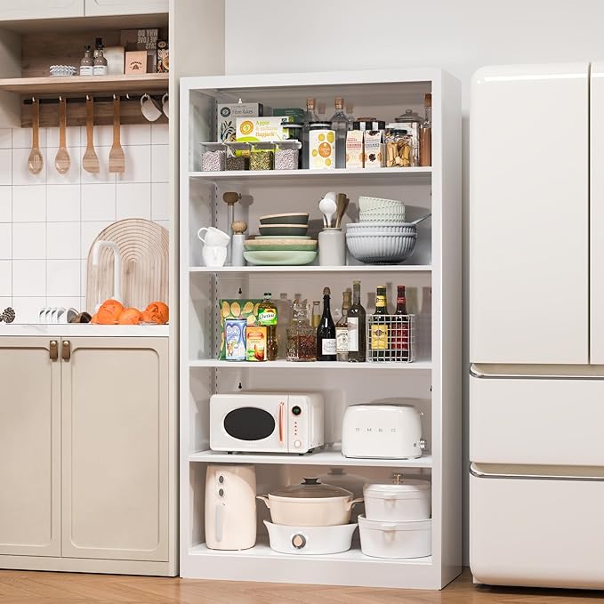 White Metal Bookshelf, 66" Tall Bookcase, Industrial Bookshelves and Bookcases, 5 Shelf Bookcase with Adjustable Shelves, Heavy Duty Book Cases for Office, Home, Library, Living Room, School