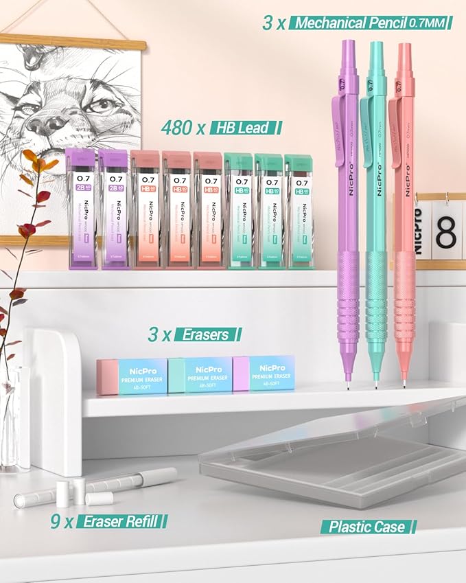 Nicpro 0.7 mm Metal Mechanical Pencil Set, 3PCS MP1000 Artist Lead Pencils With 480PCS HB 2B Lead Refills, Erasers, Pastel Aesthetic Mechanical Pencils for School Supplies Writing Drawing Sketching